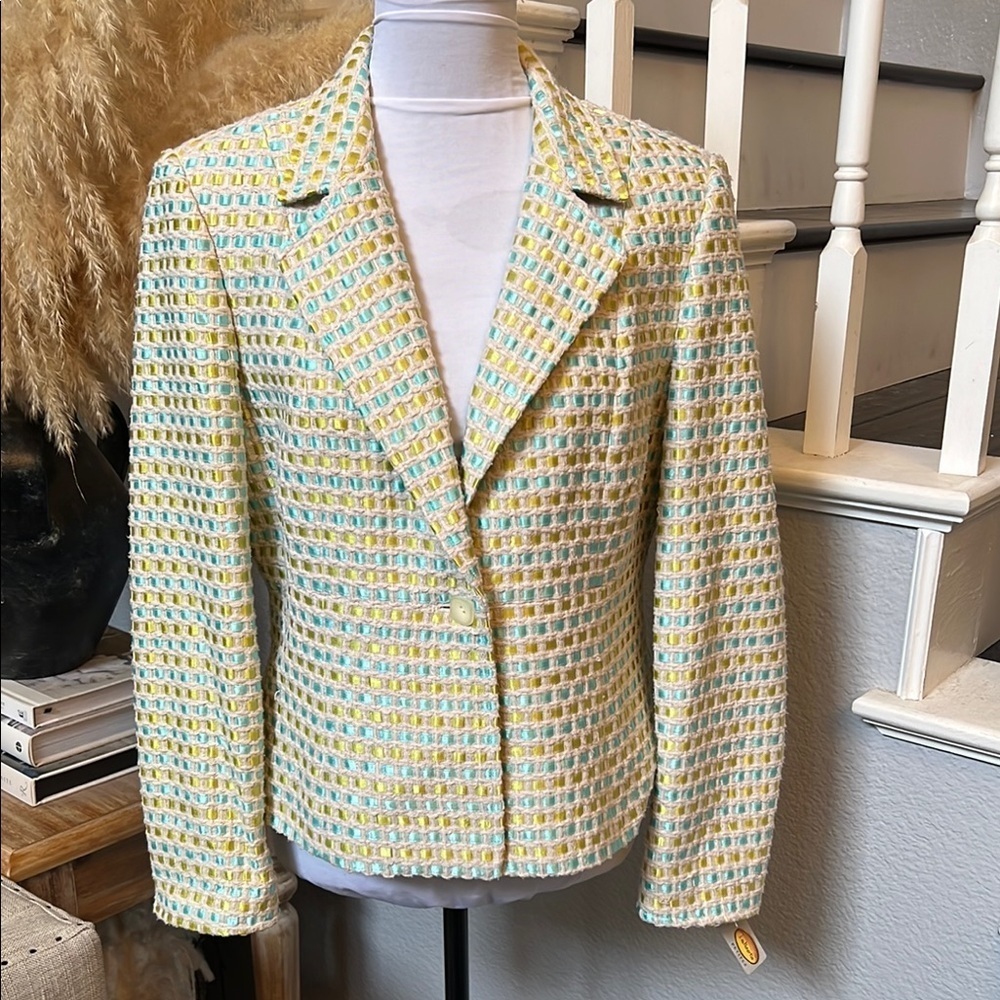 Talbots Women Chic Yellow and Blue Tweed Blazer Jacket Size 12